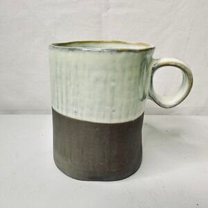 World Market Two Tone Ribbed Ceramic Coffee Mug Green Brown Reactive Glaze